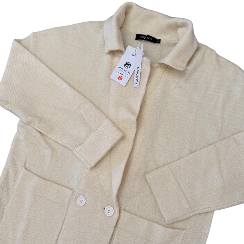MEROOKEETY Knit Duster Cardigan Open Front Pockets Cream‎ Size L